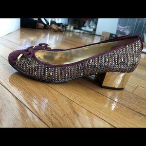 Ivanka Trump Tweed Maroon & Metallic w/Gold Low Heeled Pumps Sz. 8